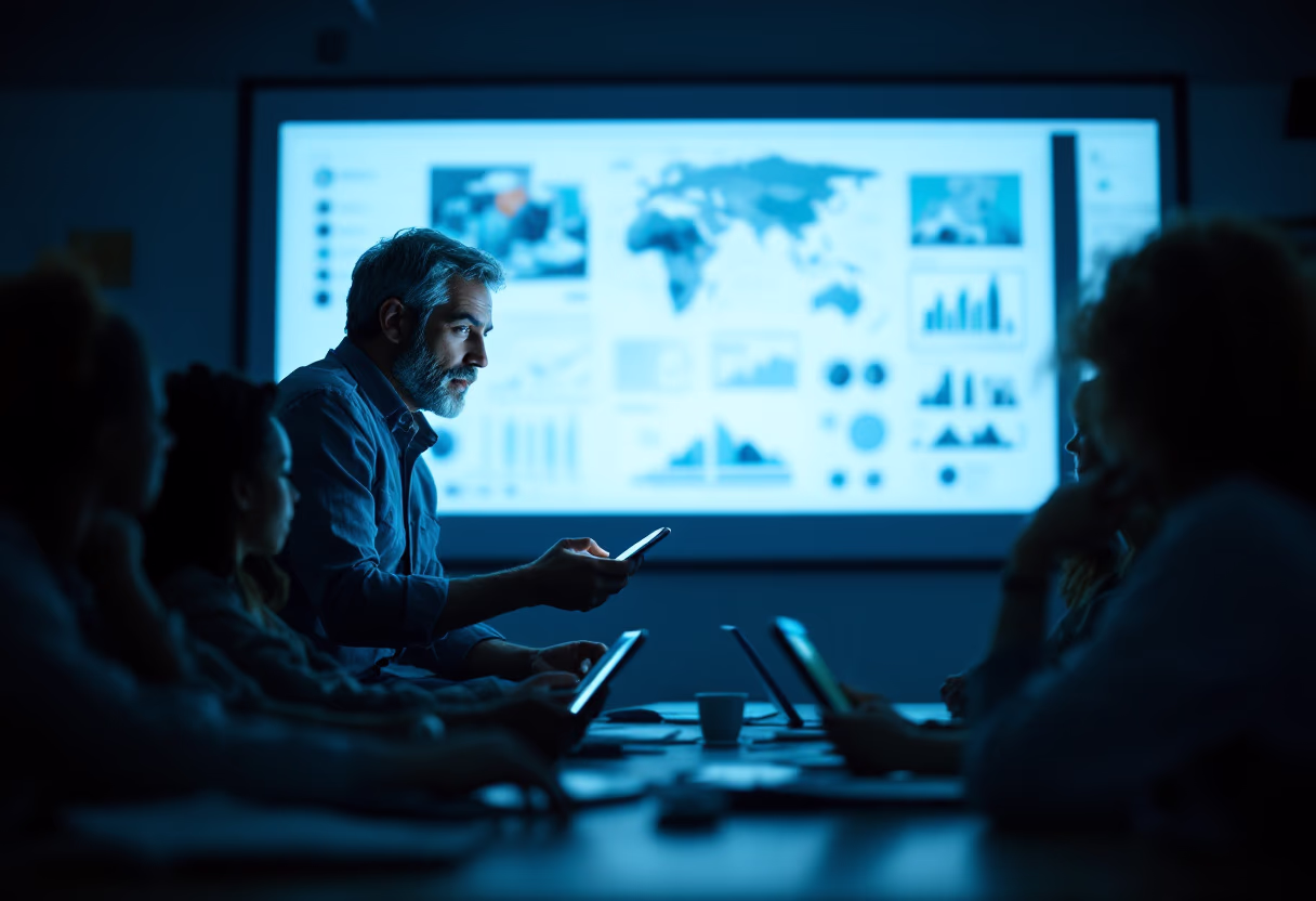 Executive team reviewing AI dashboards and global investment analytics during a strategy session