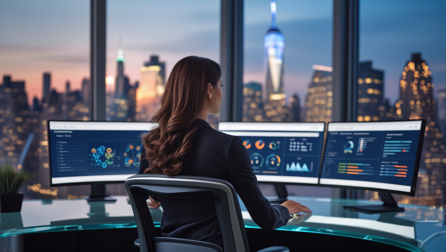Female consultant reviewing AI dashboards for private AI consulting strategy.
