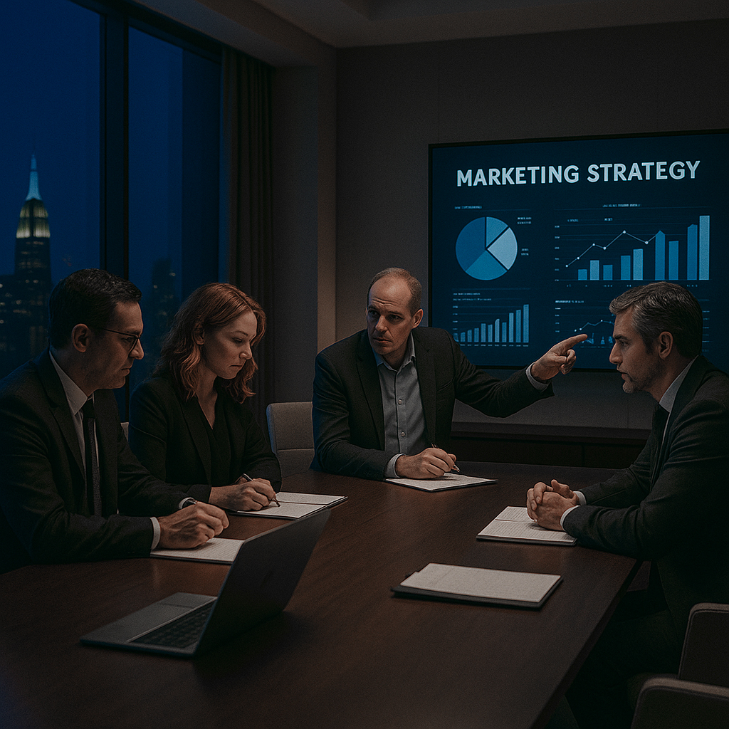 Creative agency team collaborating on AI marketing strategies and automated campaign tools