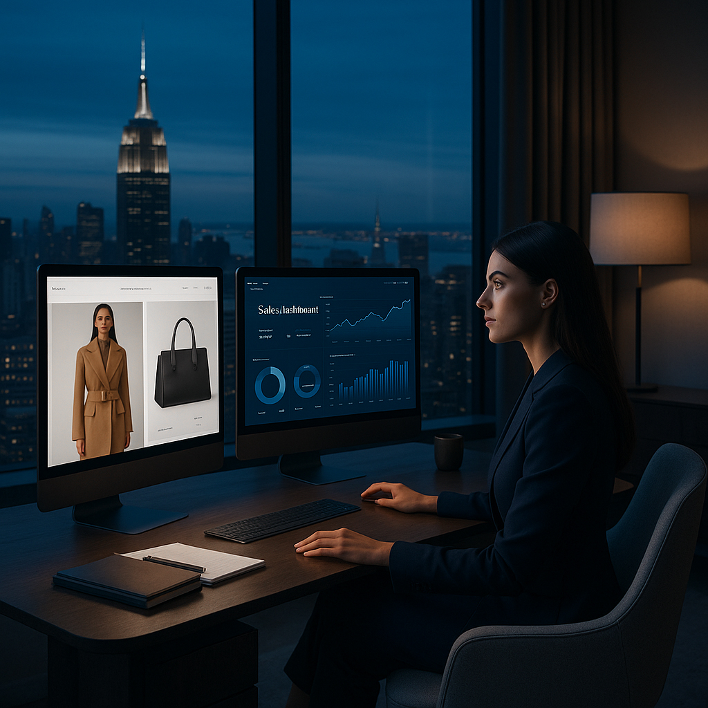 Founder of a luxury e-commerce brand using AI optimization dashboards for operations and customer journeys