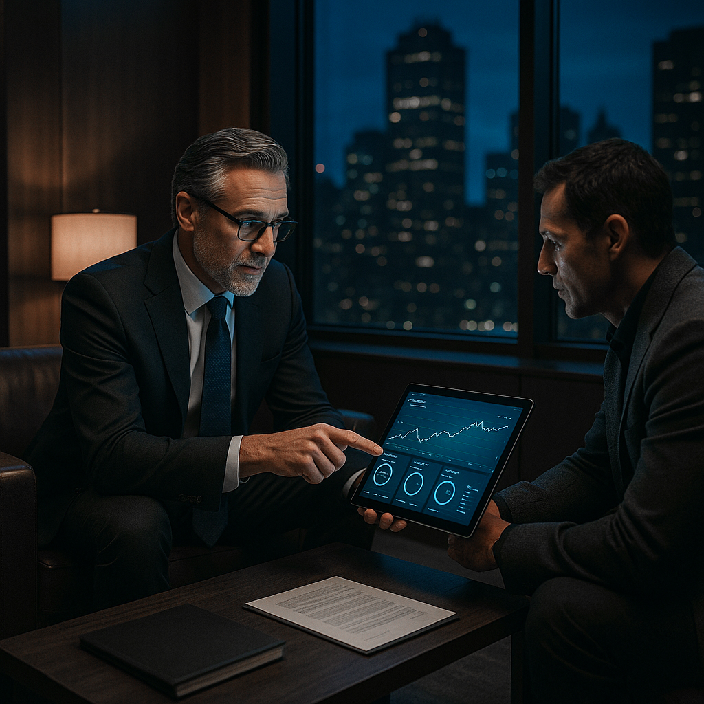 Family office leader reviewing AI-driven portfolio dashboards and wealth management solutions