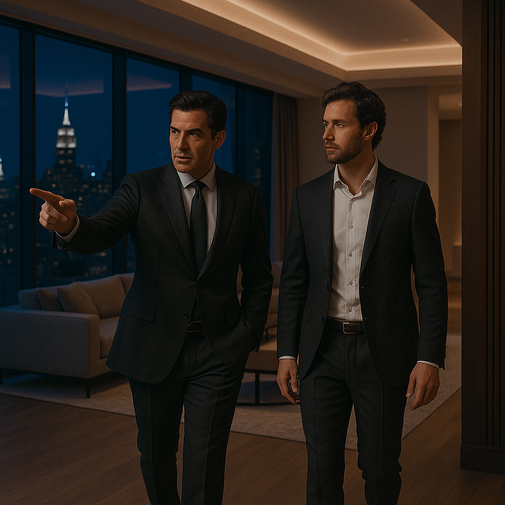 Luxury real estate investors analyzing AI-powered deal pipelines and property management systems