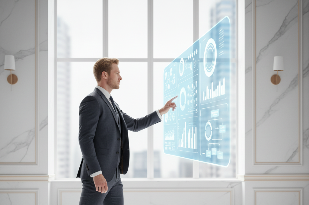 Professional service leader in modern office interacting with holographic AI dashboard — symbolizing Priviont’s AI consulting for elite service providers and personal brand