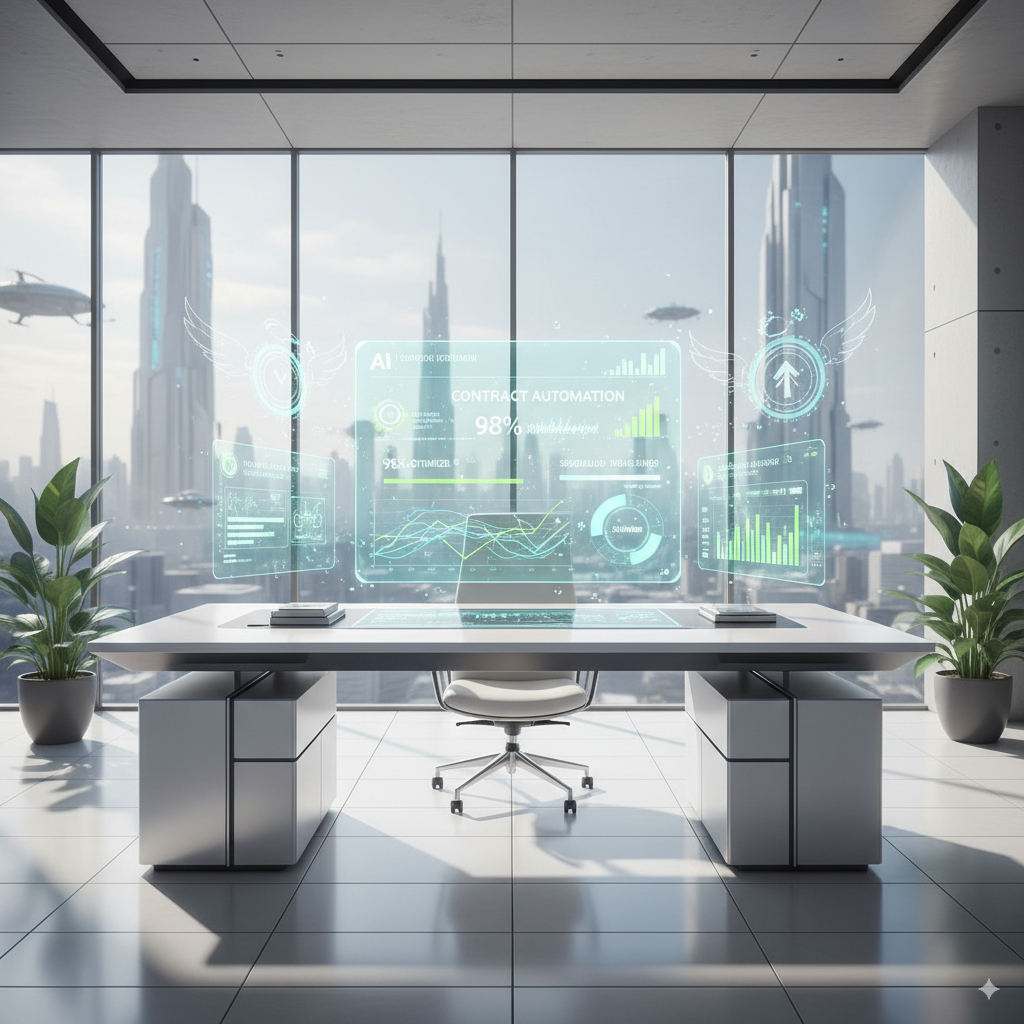 Executives in luxury office analyzing AI-driven dashboards on large display — representing Priviont’s AI solutions for efficiency and leverage