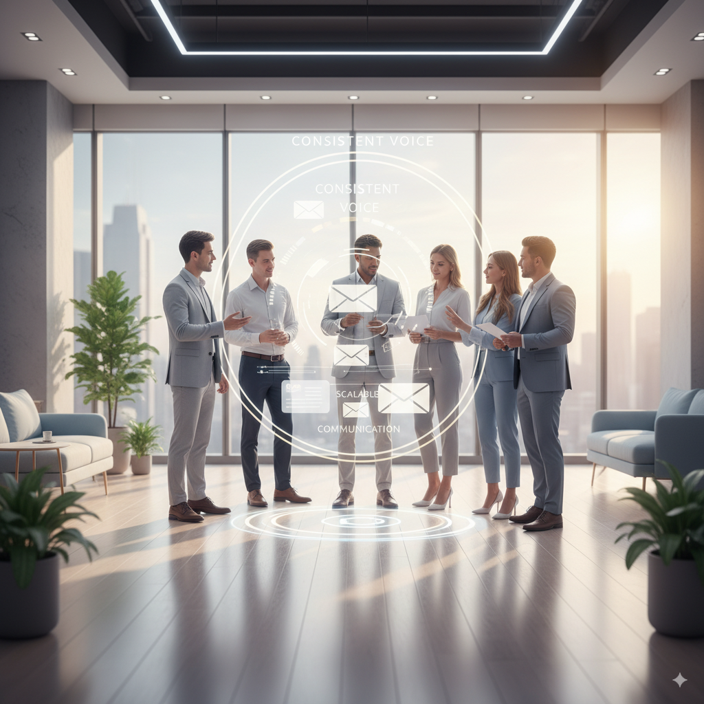 Business professionals in bright glass office collaborating with AI-powered branding tools — illustrating Priviont’s AI systems for authentic voice and scalable reach