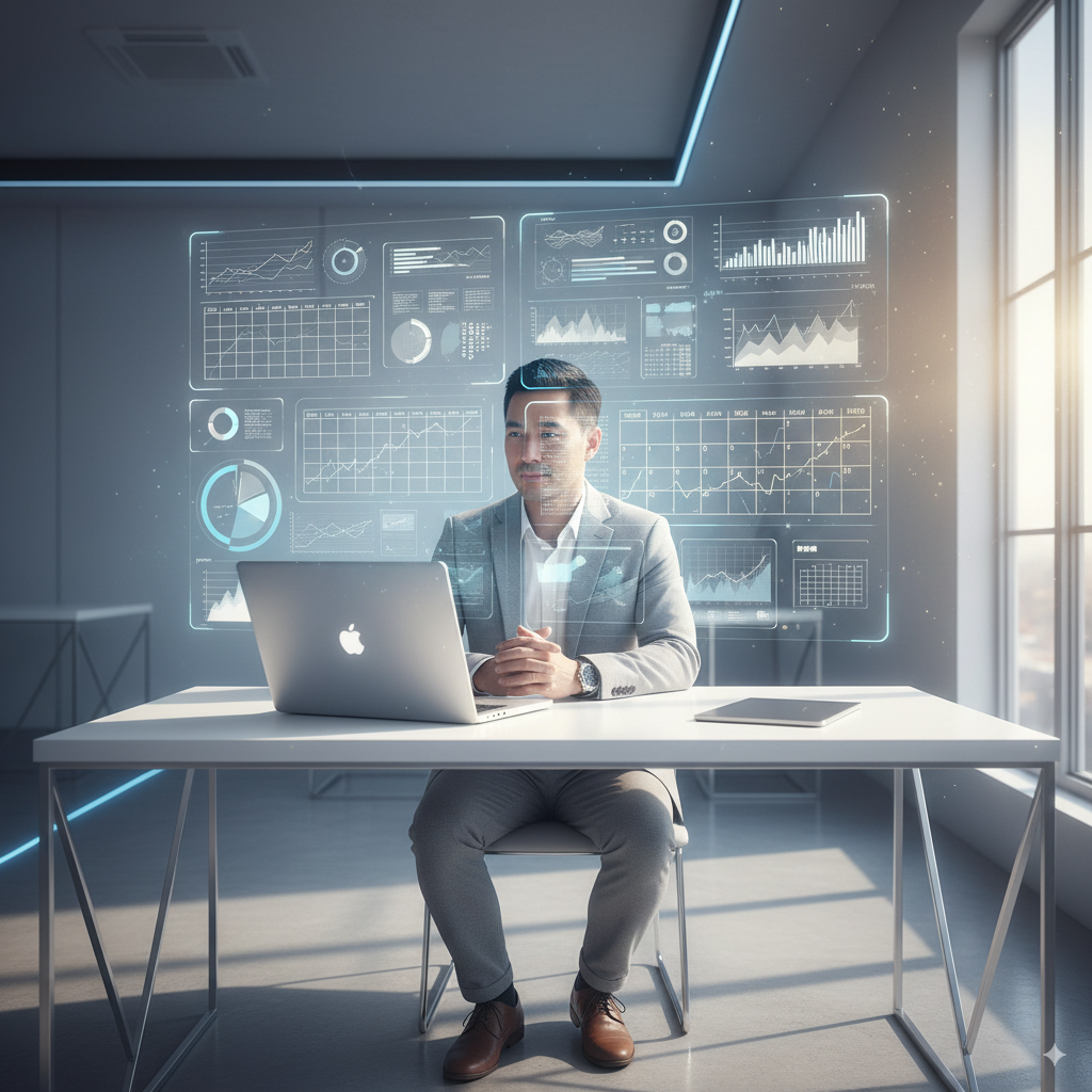 Professional working in futuristic office surrounded by holographic AI data — representing Priviont’s private AI systems for control and strategic oversight