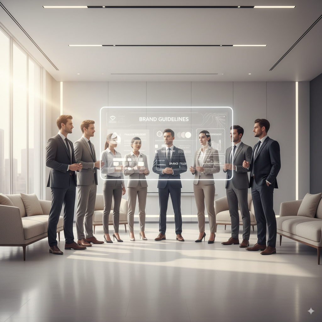 image of diverseaExecutives in glass-walled boardroom reviewing AI-driven branding tools — illustrating Priviont’s AI solutions for brand consistency and scalable delivery group collaboration (for a hr tech)