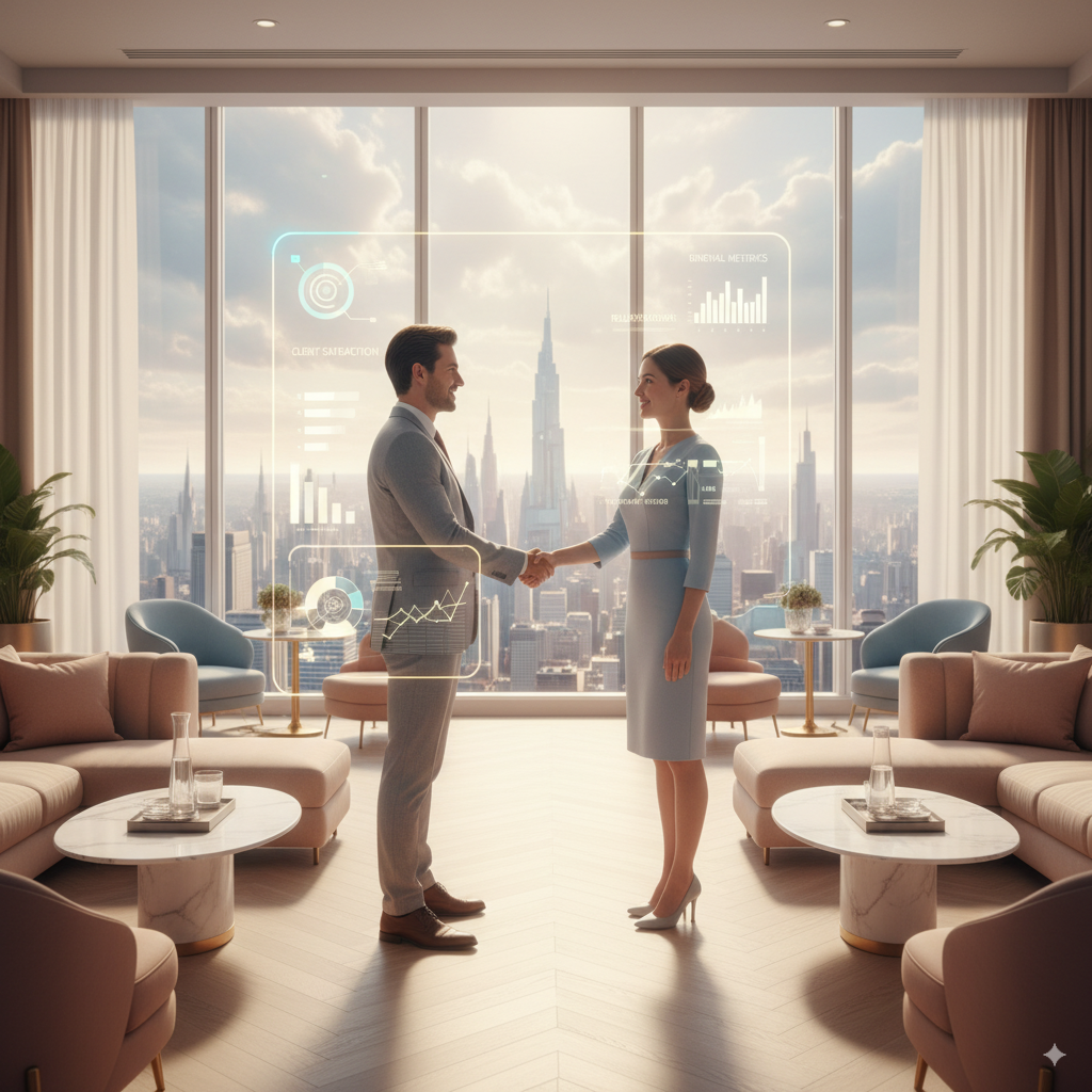 Consultant advising clients in warm luxury office with AI-powered communication tools — symbolizing Priviont’s AI solutions for stronger client relationships and retention