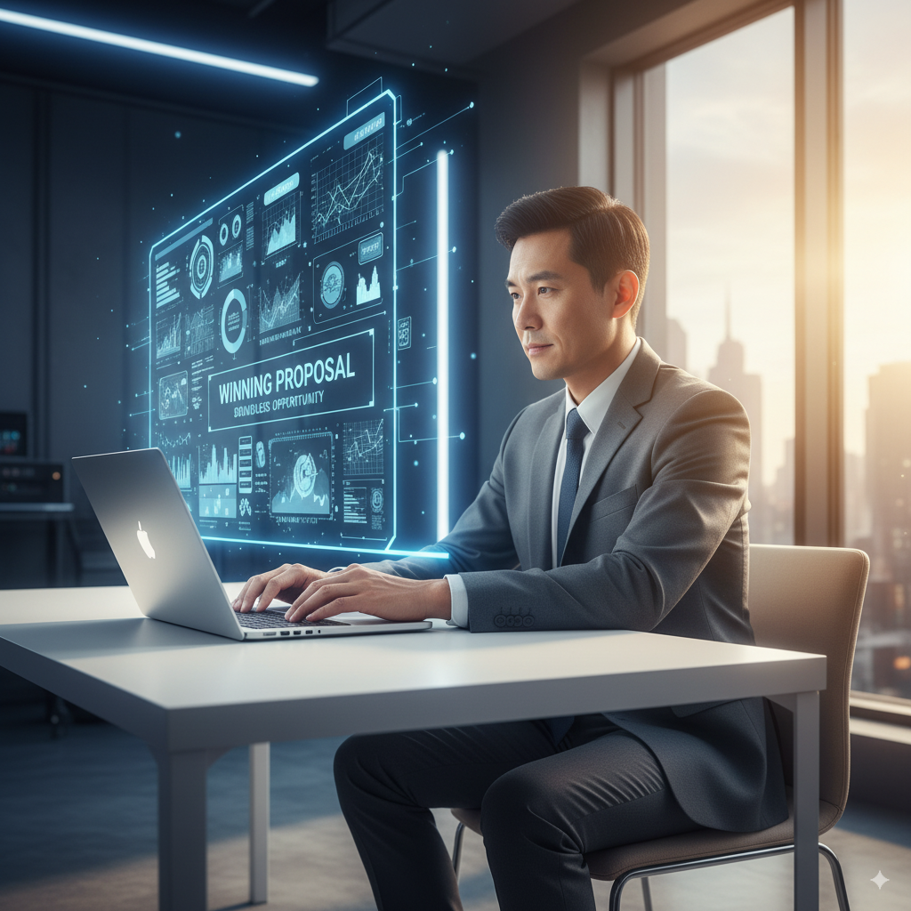 Professional in futuristic office reviewing glowing AI data graphs — representing Priviont’s AI solutions for agency growth and smarter decision-making