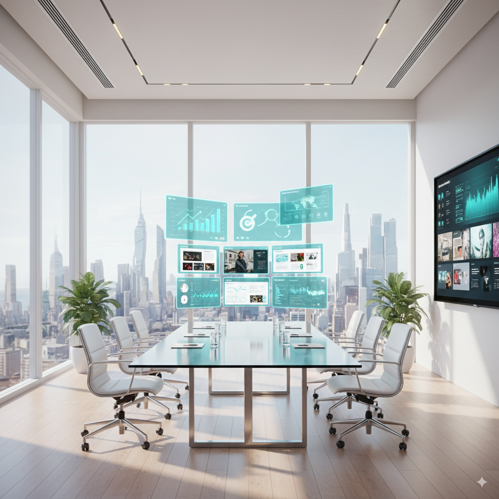 Luxury glass conference room overlooking city skyline with holographic AI dashboards — symbolizing Priviont’s AI consulting for real estate investors and agencies