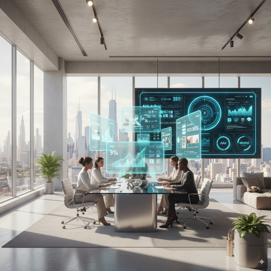 Executives in bright office analyzing AI-powered real estate dashboards — illustrating Priviont’s AI systems for smarter, consistent client engagement