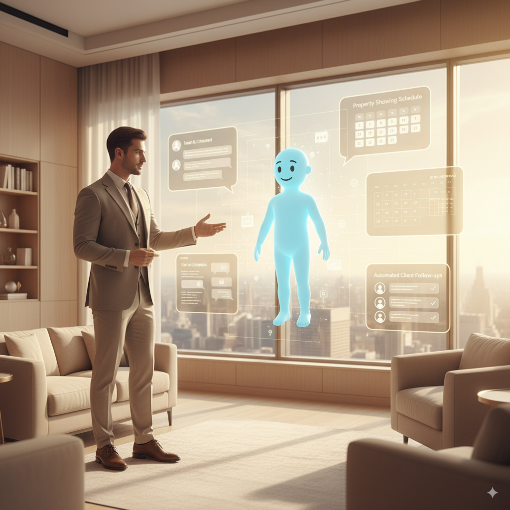 Real estate investor in modern office shaking hands with AI holographic assistant — representing Priviont’s AI solutions for leverage and reduced manual work