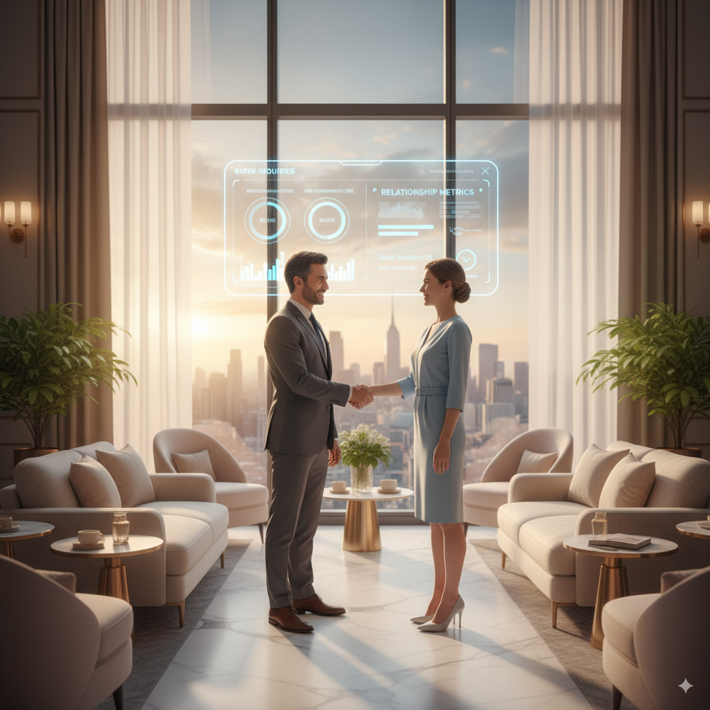 Consultant meeting clients on luxury terrace with AI data tablet — representing Priviont’s AI-powered client relations for real estate professionals