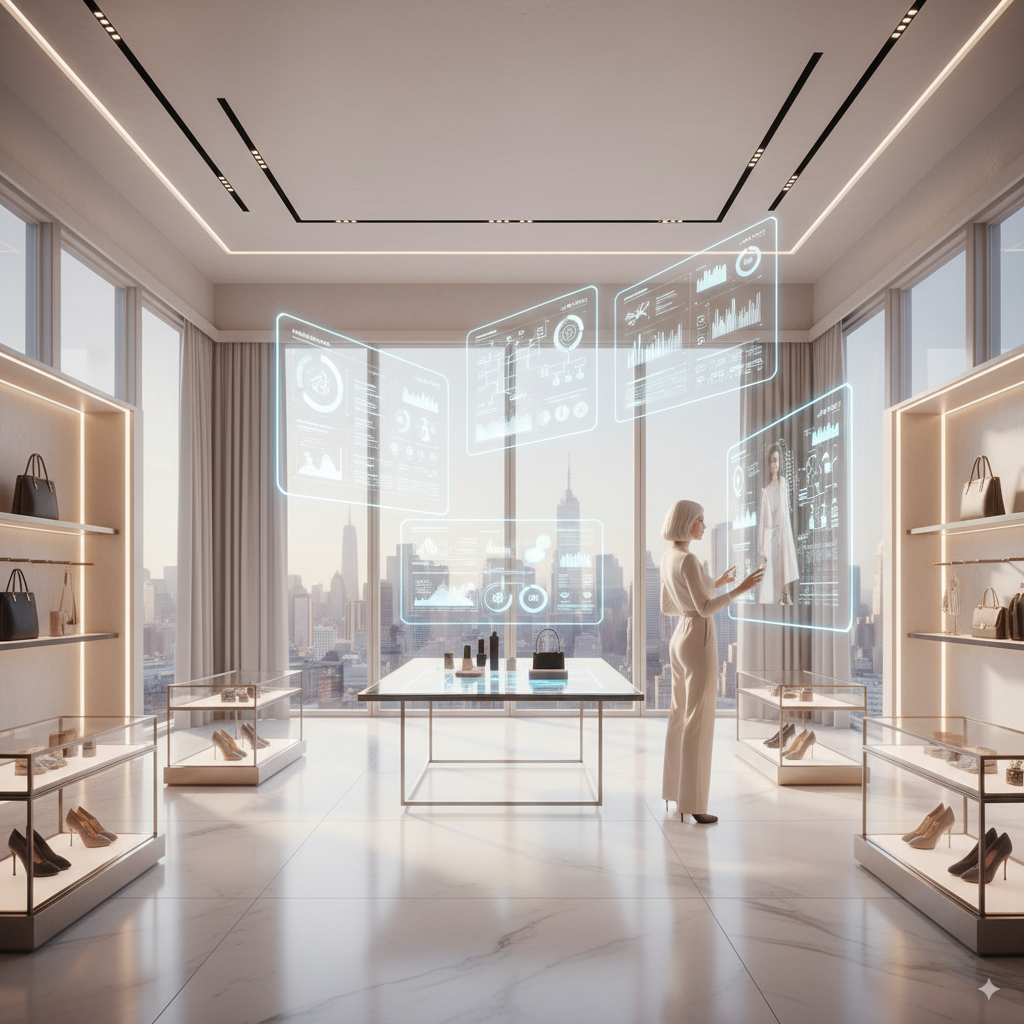 Professional in luxury office interacting with holographic AI shopping dashboard — symbolizing Priviont’s AI consulting for luxury e-commerce and DTC brands