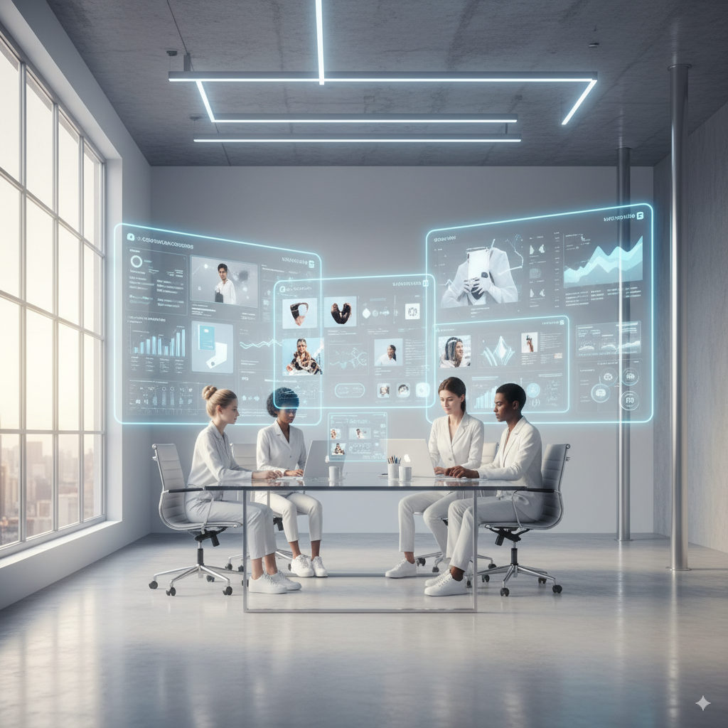 Creative team in modern office reviewing AI-powered product displays on screen — representing Priviont’s AI systems for more campaigns with less overhead