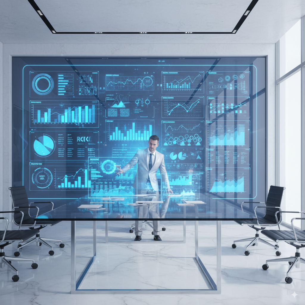 Professional in futuristic workspace using AI holographic assistant — symbolizing Priviont’s AI solutions for faster responses and improved buyer experience