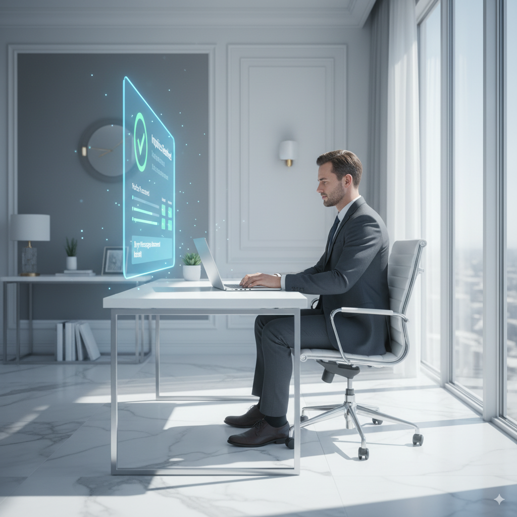 Consultant in minimalist office presenting holographic AI retail data — representing Priviont’s AI optimization tools for demand prediction and inventory management