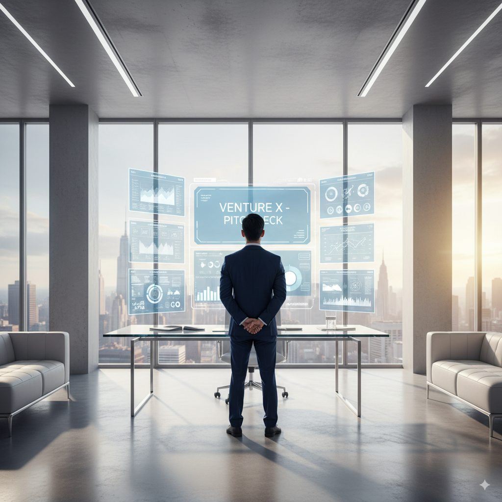 Founder in luxury office standing before holographic AI investor dashboard — symbolizing Priviont’s AI consulting for private startups and wealthy entrepreneurs