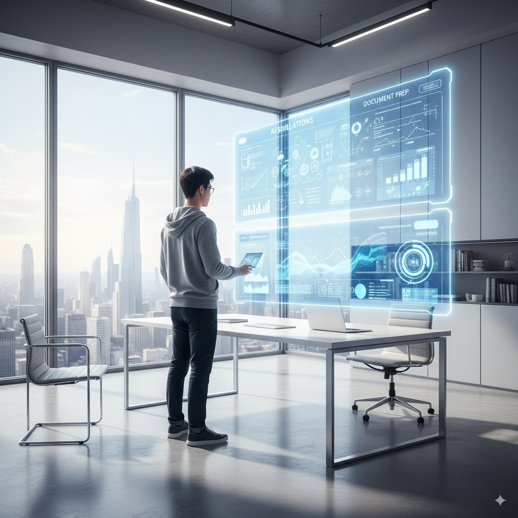 Entrepreneur in bright modern office validating ideas with holographic AI projections — representing Priviont’s AI solutions for faster, smarter execution