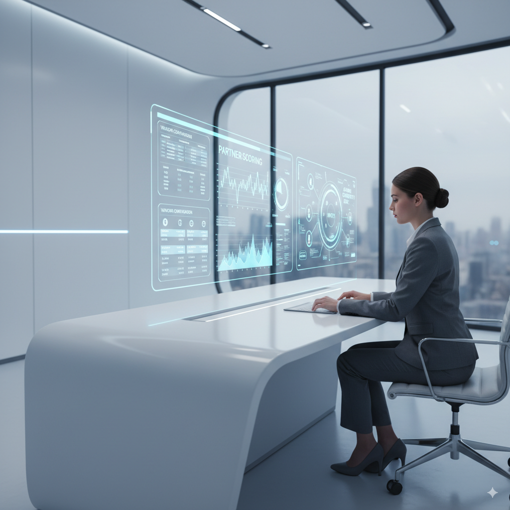 Executive in glass-walled office presenting AI-generated pitch decks — illustrating Priviont’s AI systems for investor confidence and fundraising