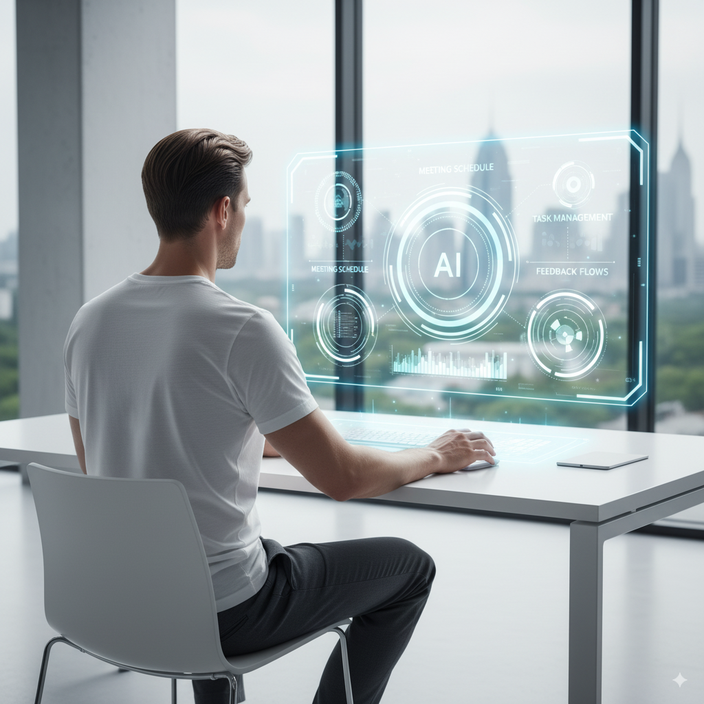 Luxury consulting environment with professional interacting with AI-powered tablet — illustrating Priviont’s automation and workflow solutions to boost efficiency