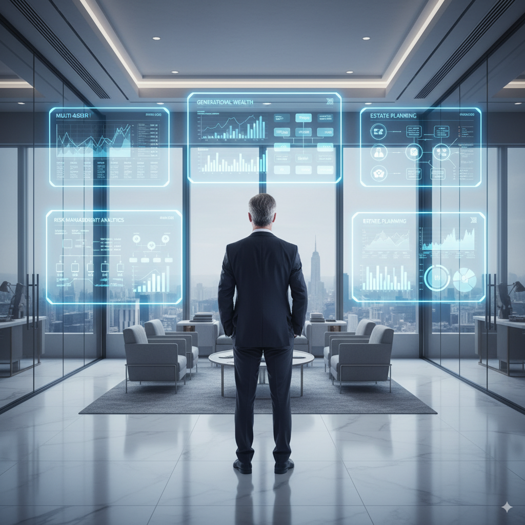Wealth manager in luxury office reviewing holographic AI dashboards — symbolizing Priviont’s AI consulting for family offices and wealth management firms