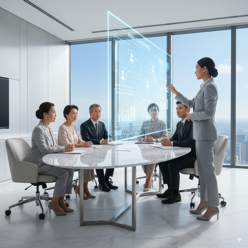 Family office team in luxury boardroom collaborating with glowing AI screens — symbolizing Priviont’s AI-powered seamless governance and communication