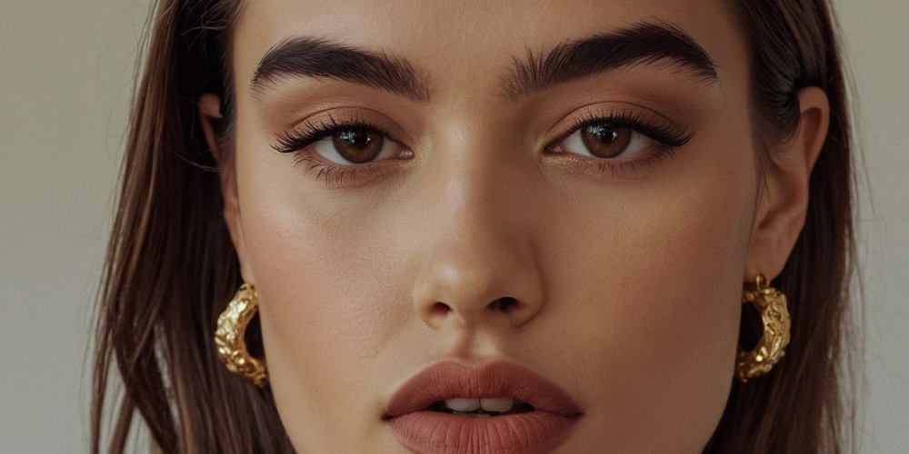 A close-up image of a woman's face featuring prominent brown eyes, well-defined eyebrows, and full lips with a natural blush. She is wearing statement gold earrings and has long, straight hair.