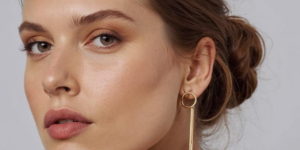 A close-up portrait of a woman with a bun hairstyle, wearing gold hoop earrings with a hanging chain, exhibiting a natural makeup look.