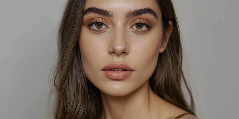 A close-up portrait of a young woman with long, wavy brown hair, wearing natural makeup, showcasing her expressive eyes and soft lips.