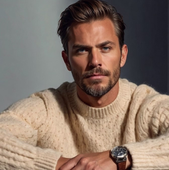 A man with a well-groomed beard and short hair, wearing a cream-colored knitted sweater, looking directly at the camera with a serious expression.