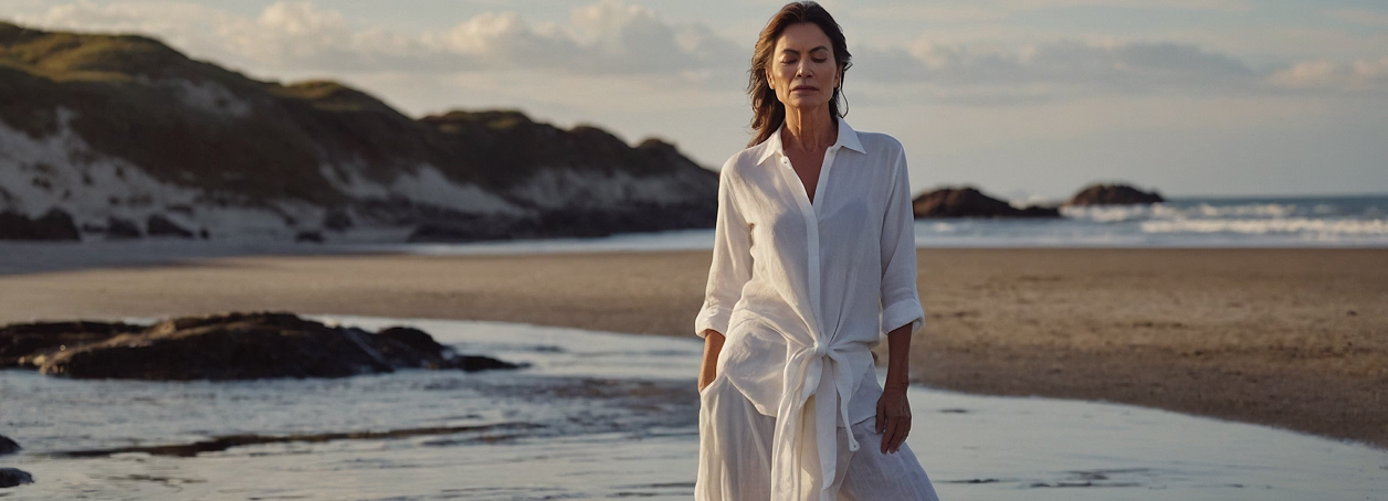 A woman in a white button-up shirt dress standing on a beach with a serene expression, the ocean and rocky shore visible in the background.