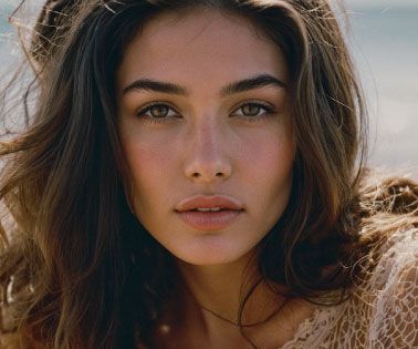 A close-up portrait of a woman with long, wavy dark hair and warm brown eyes, her skin has a natural glow and she is wearing a light, textured top.