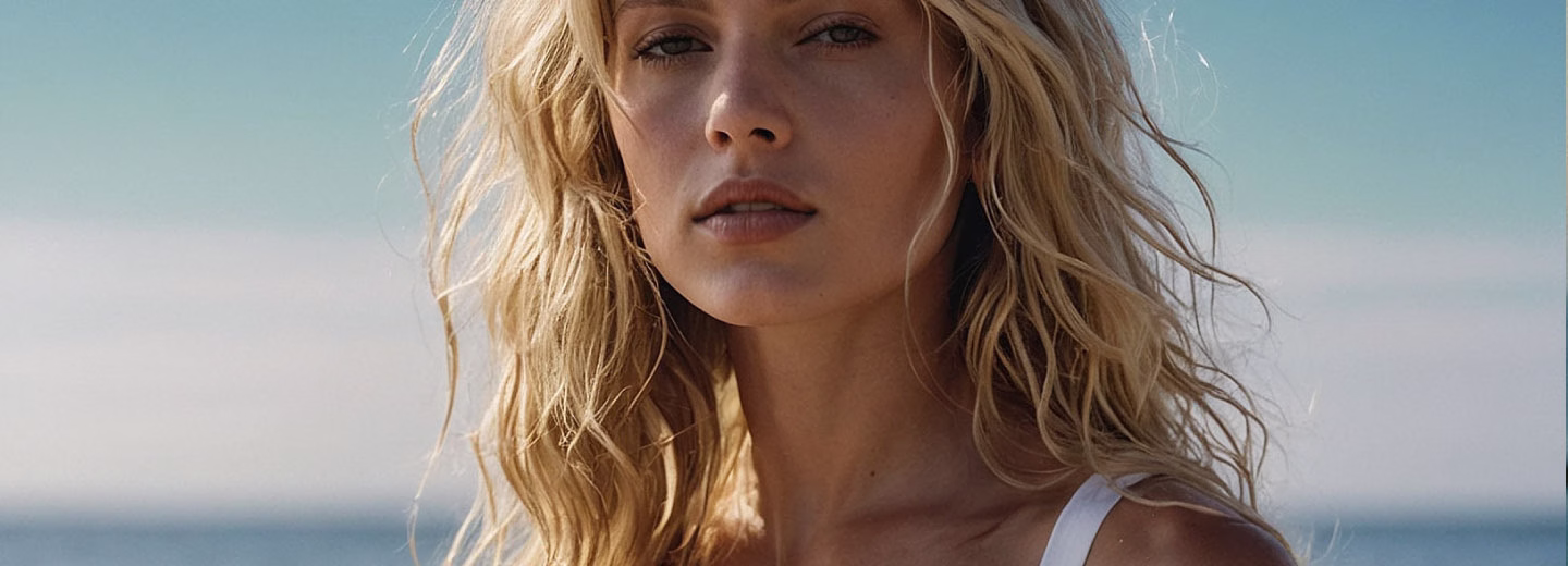 A close-up portrait of a woman with wavy blonde hair, softly illuminated, gazing directly at the camera with a calm expression.