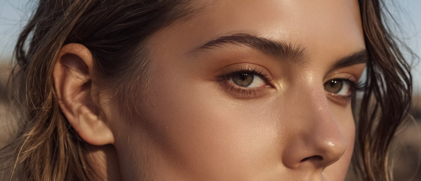 A close-up of a person's face showing their eye, eyebrow, and skin texture, highlighting natural beauty.