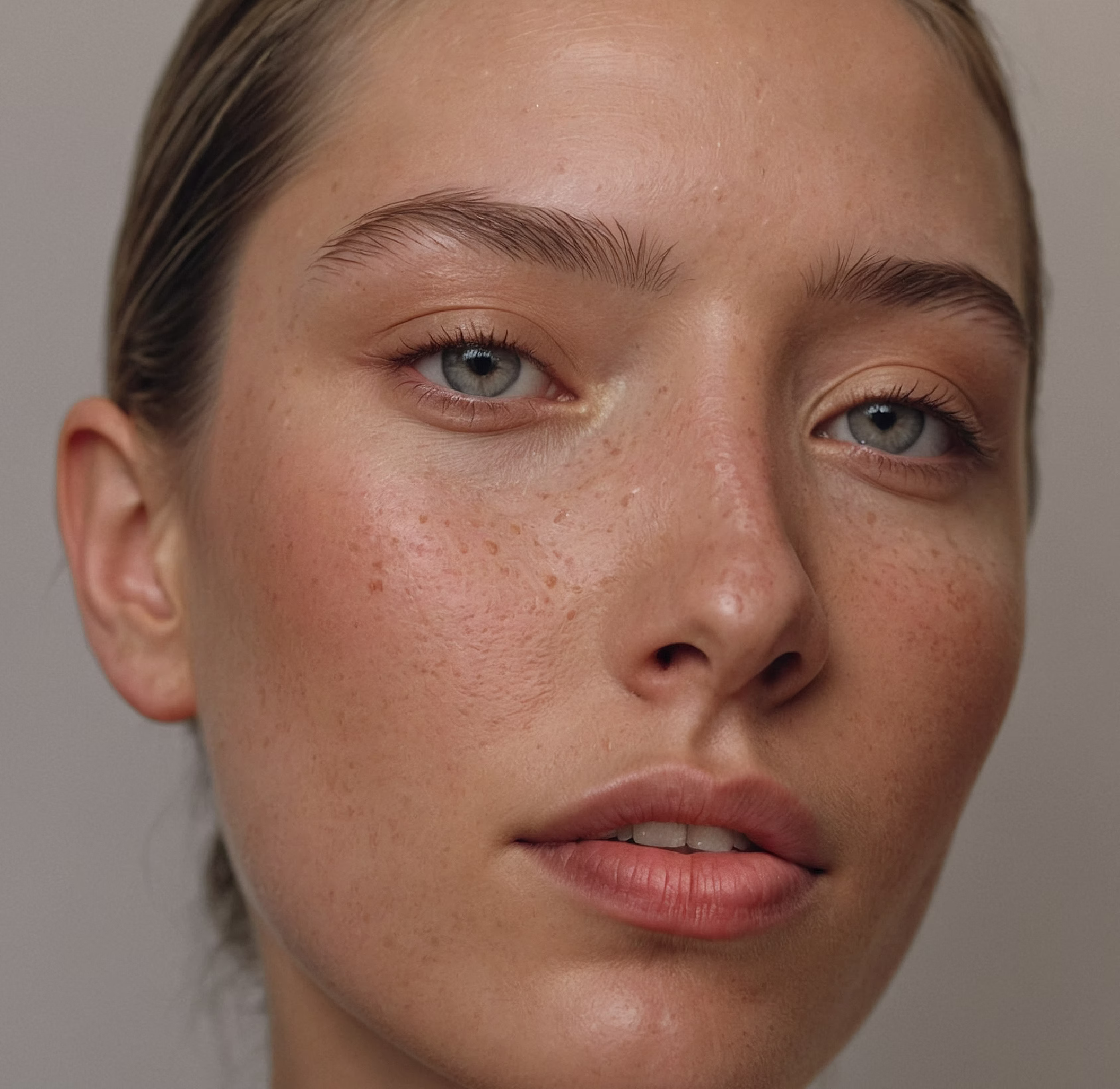 A close-up portrait of a woman with light skin, blue eyes, and a natural makeup look. Her skin shows freckles, and she has a serene expression, with her hair pulled back.