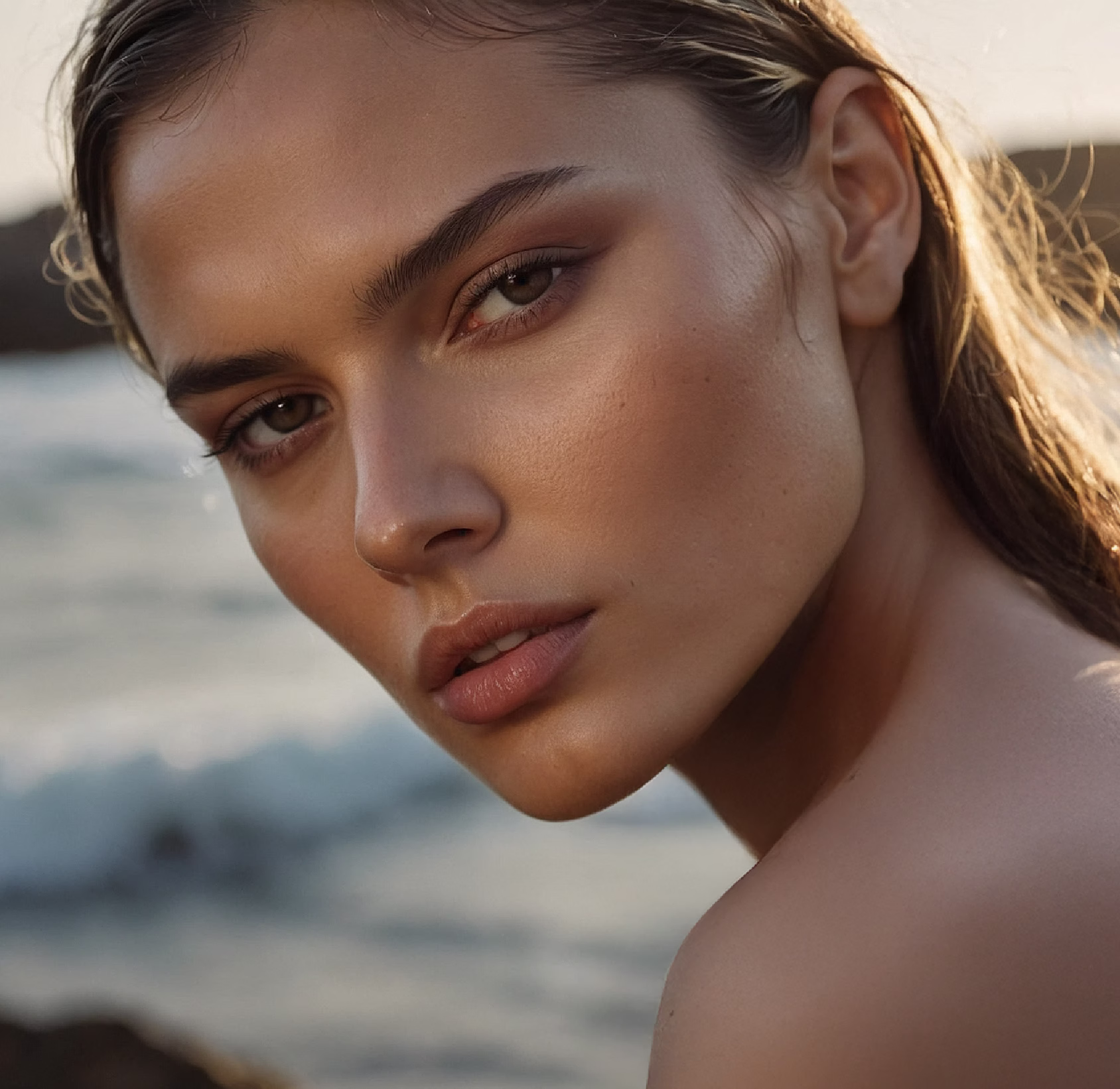 A close-up portrait of a woman with long hair, featuring a natural makeup look and a soft expression, with ocean waves in the blurred background.