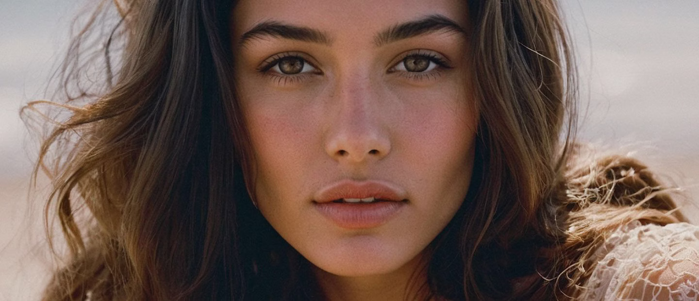 A close-up portrait of a young woman with long, wavy brown hair and natural makeup, featuring a soft gaze and slightly smiling expression.