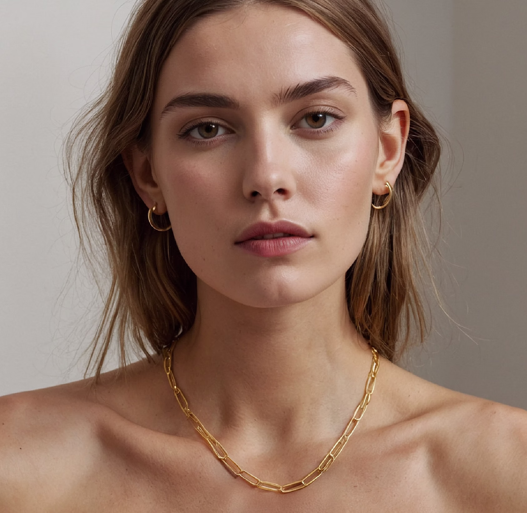 A model with shoulder-length hair wearing gold hoop earrings and a gold chain necklace, showcasing a natural makeup look.