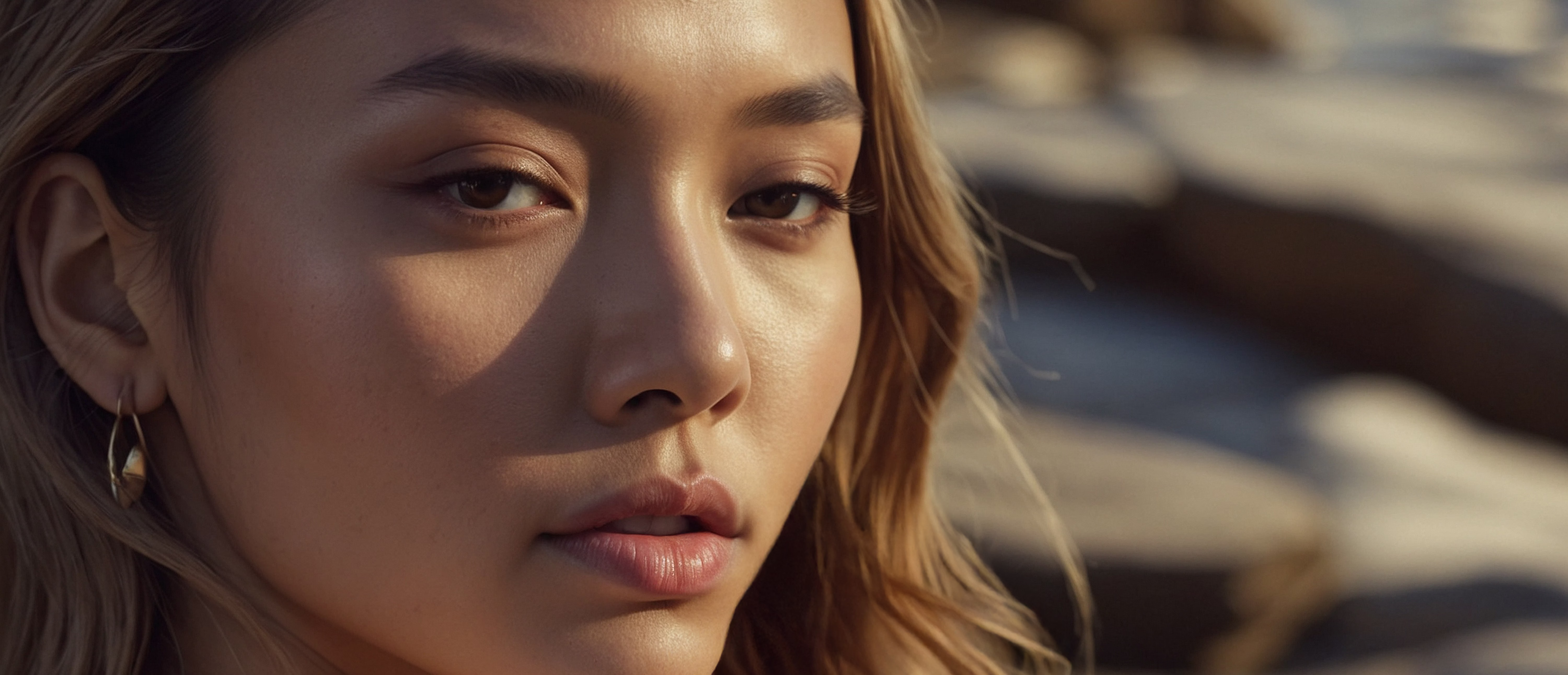A close-up portrait of a woman with long, wavy hair, natural makeup, and a subtle expression, looking directly at the camera.