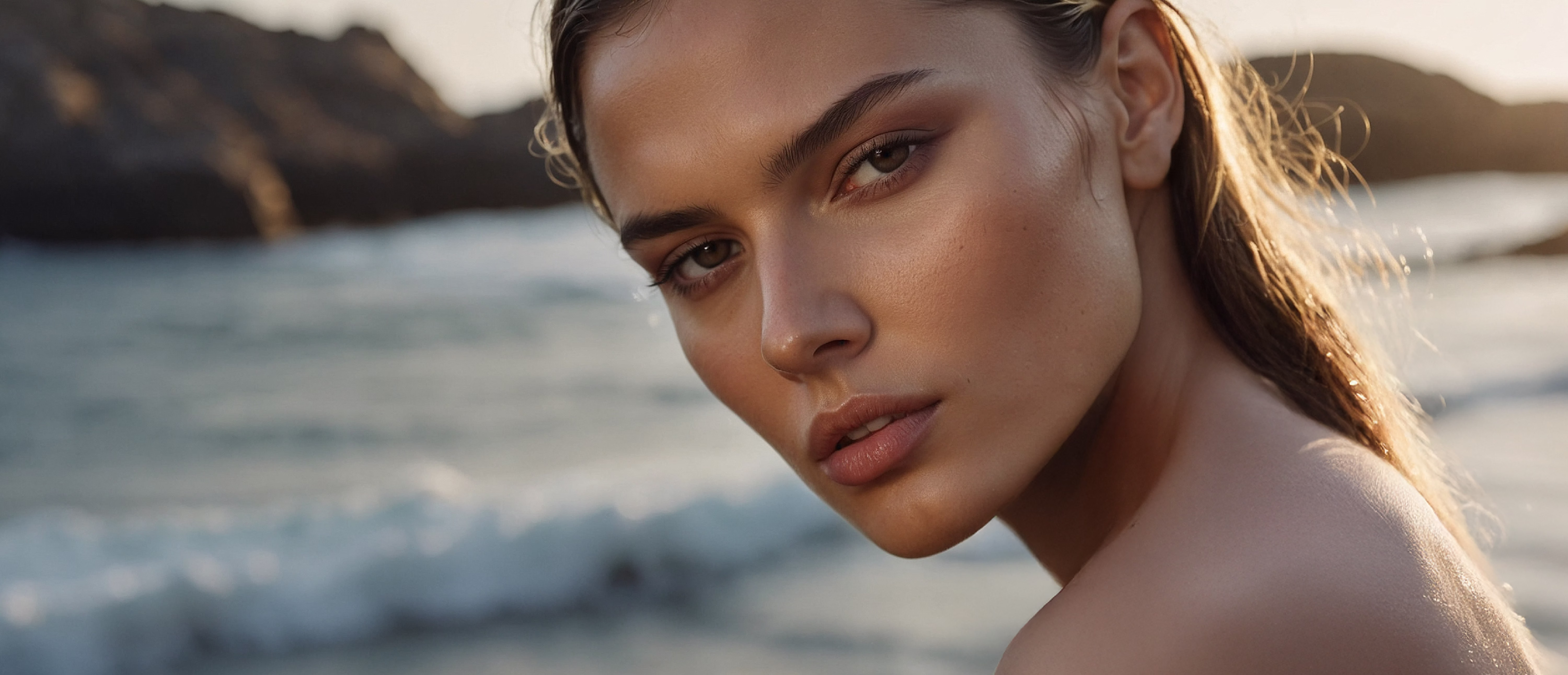 A close-up of a woman with long, loose hair, gazing intently at the camera with soft, natural makeup, set against a blurred background of ocean waves and rocks.