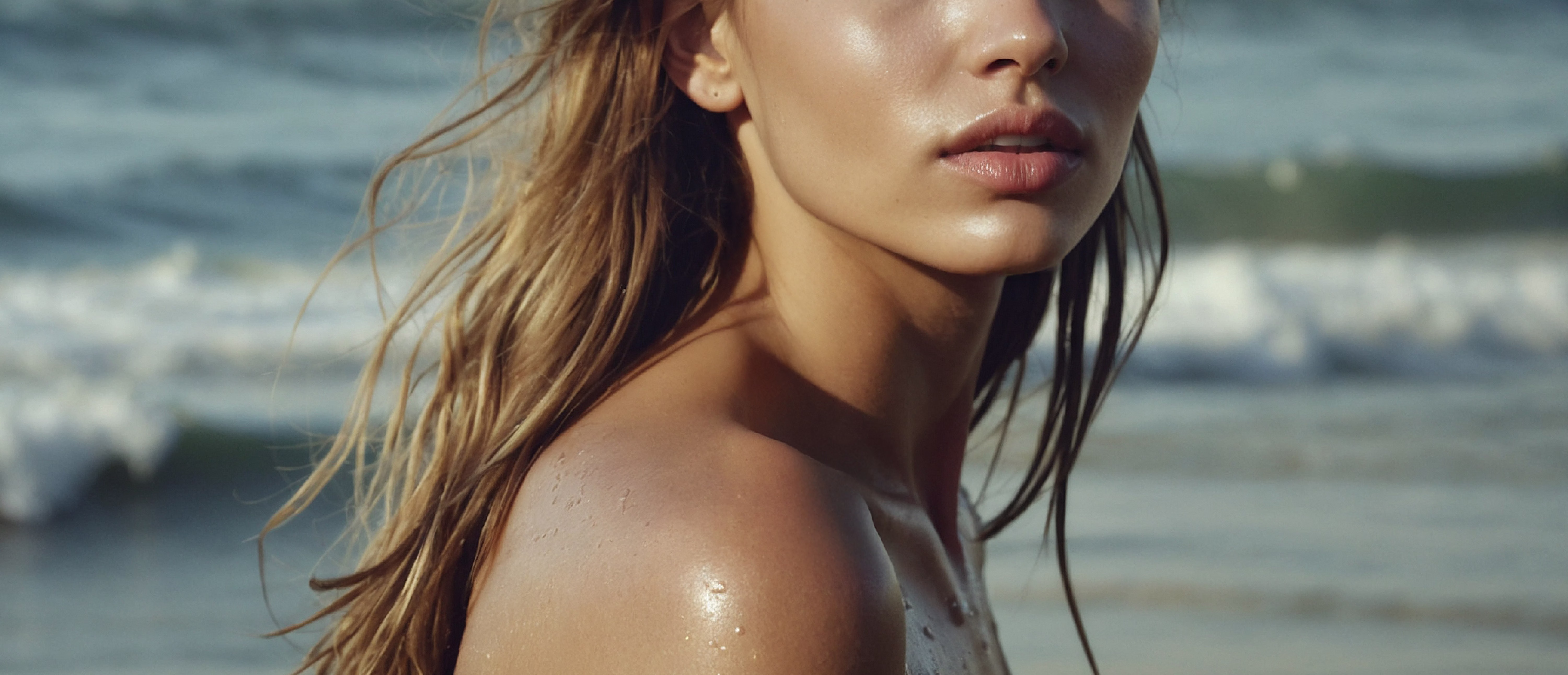 A close-up portrait of a woman with long, wavy hair, looking to the side. Water droplets are visible on her shoulder and skin, suggesting a beach setting.