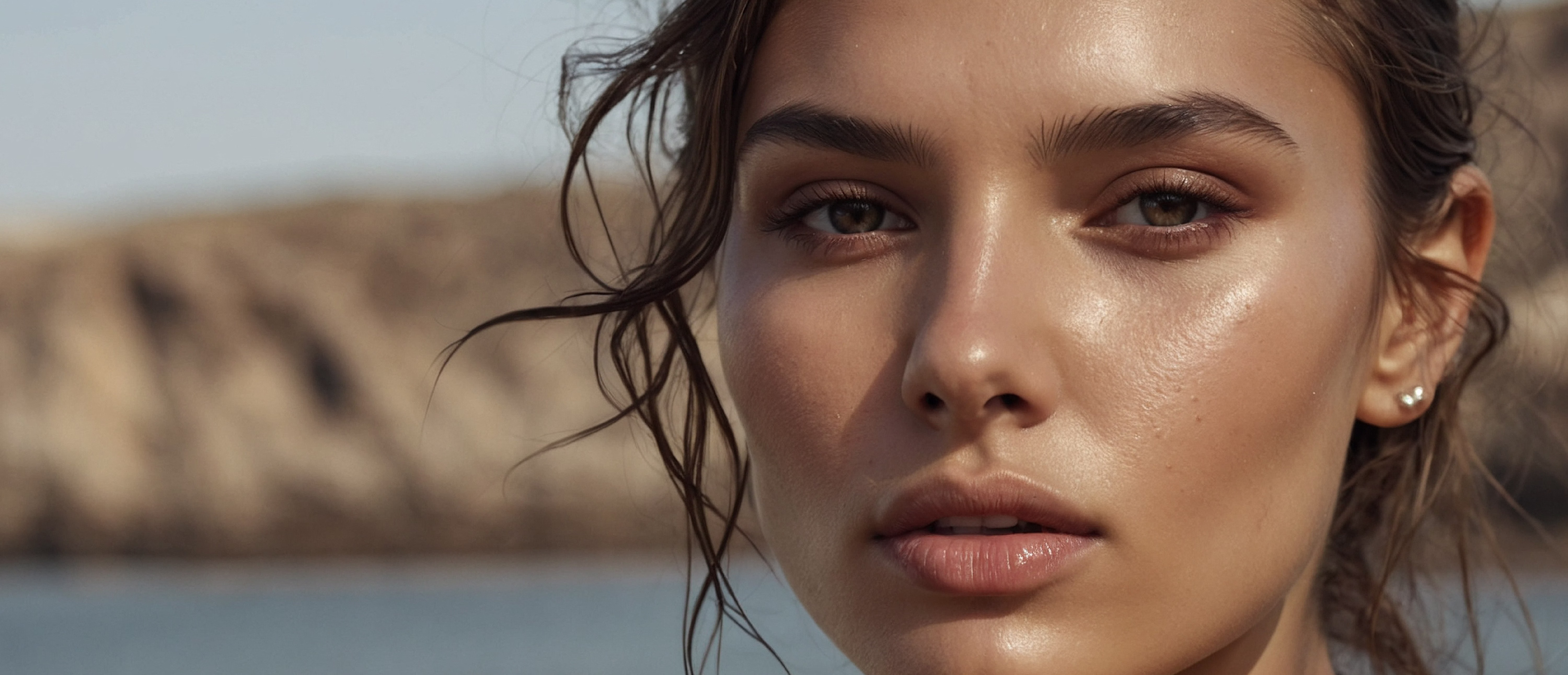 A close-up portrait of a young woman with wavy hair, smooth skin, and natural makeup, featuring a serene expression and glistening highlights on her cheeks.