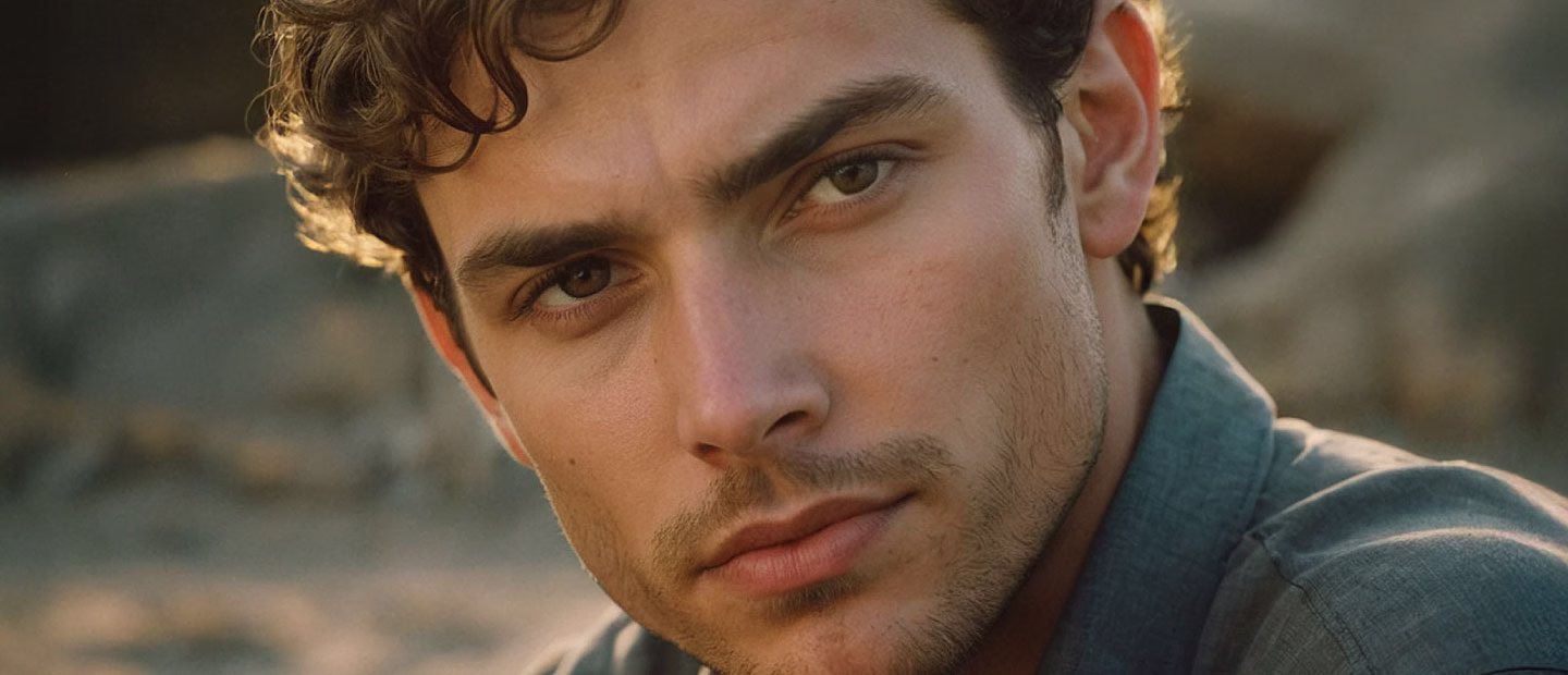 A close-up image of a young man with curly brown hair and green eyes, gazing directly at the camera with a serious expression.