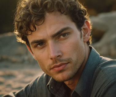 A young man with curly hair and a serious expression, wearing a button-up shirt, with a natural outdoor background.