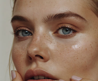 A close-up of a person's face, featuring light freckles, clear blue eyes, and a natural makeup look, with their hand gently touching their chin.