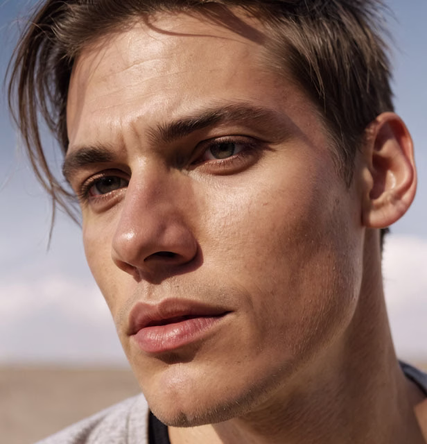 A close-up portrait of a young man with short, tousled hair, strong facial features, and a neutral expression.