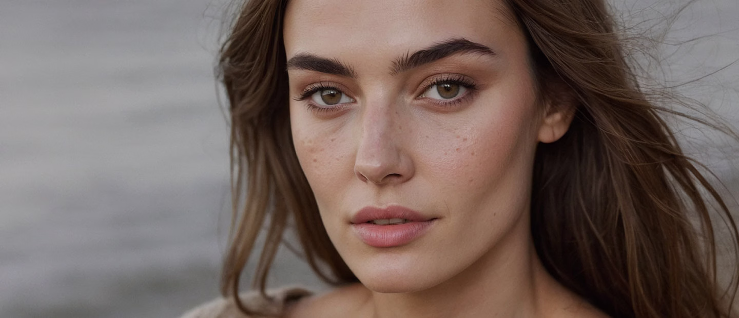 A close-up portrait of a woman with long, wavy brown hair and natural makeup, showcasing her green eyes and light freckles.