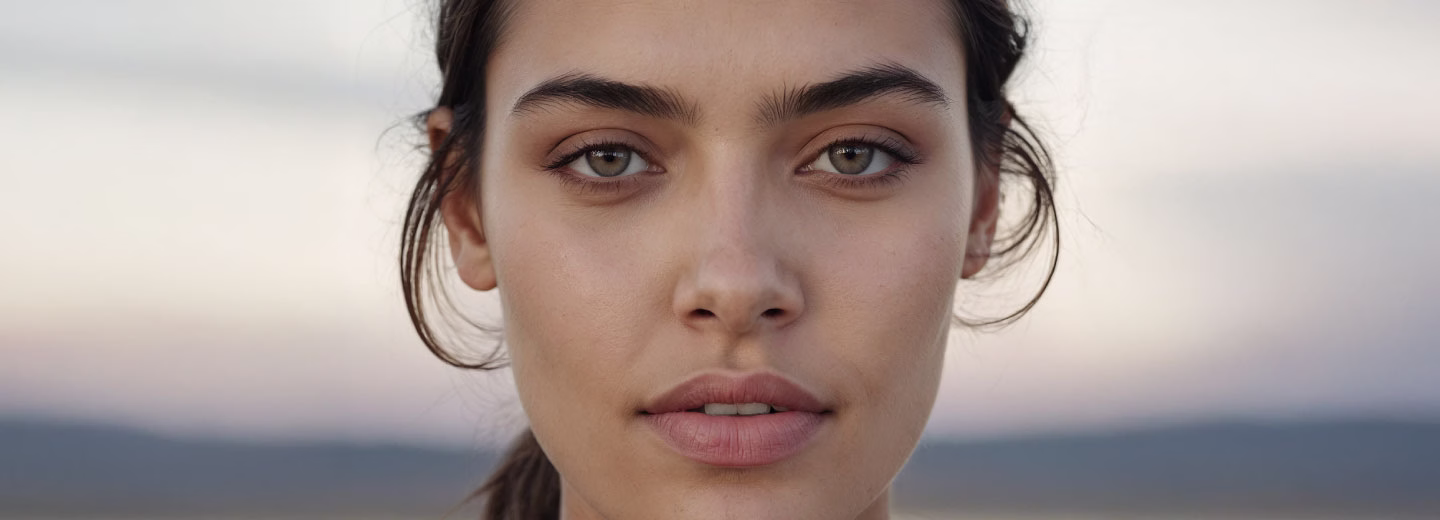 A close-up image of a young woman with brown hair, green eyes, and a natural makeup look, gazing directly at the camera with a neutral expression.