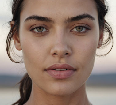 A close-up portrait of a woman with long dark hair, natural makeup, and green eyes, facing the camera with a neutral expression.